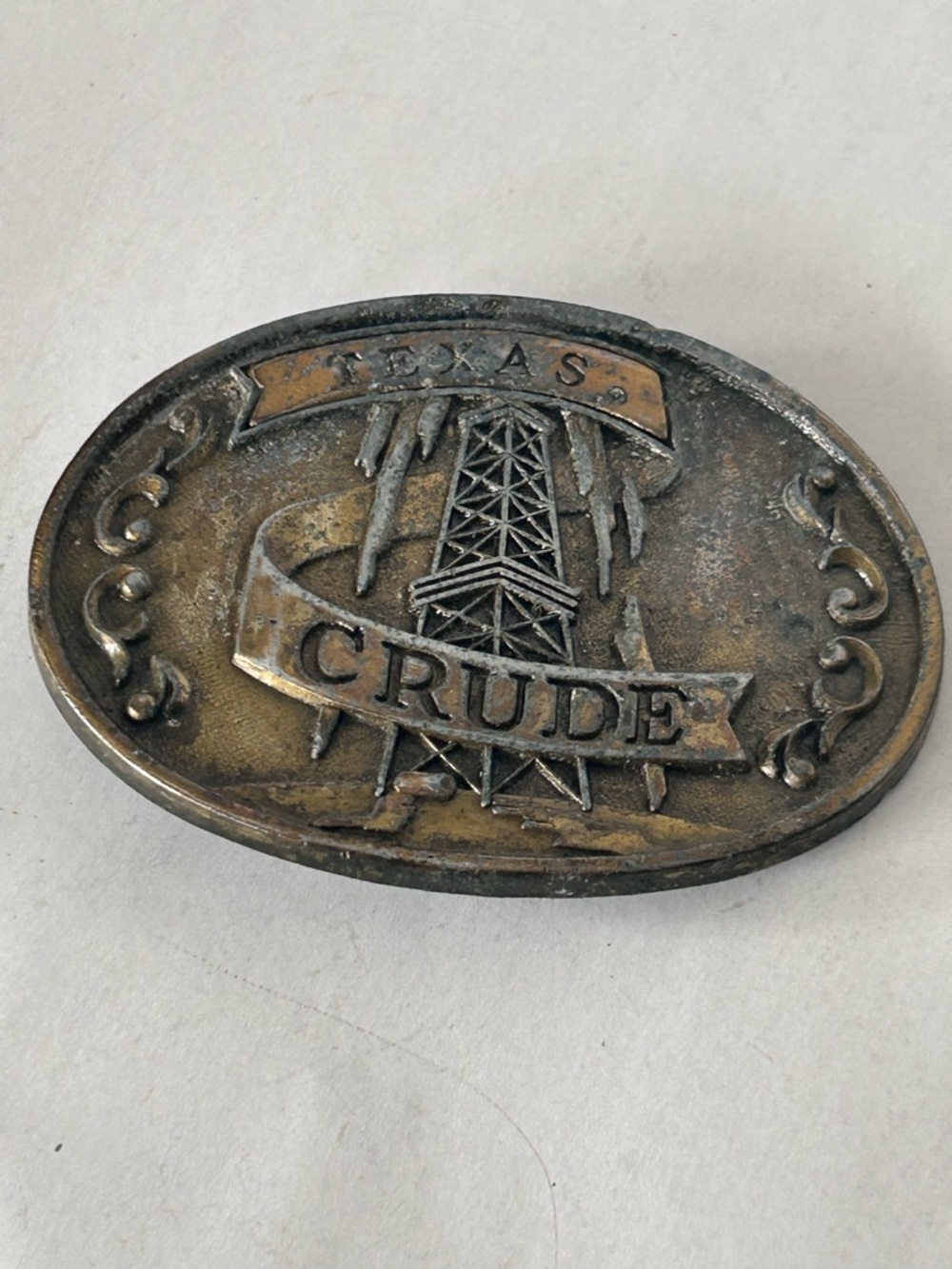 Texas Crude Oil Derrick Oval Belt Buckle - Brown/Antique Brass